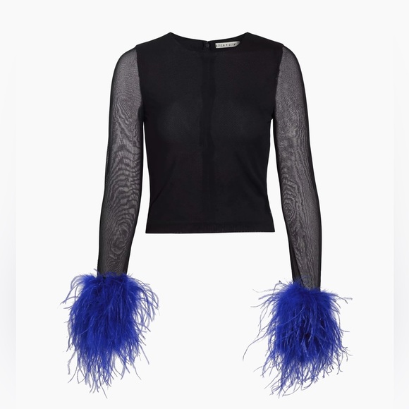 Alice + Olivia Tops - Alice + Olivia Delaina Feather-Trimmed Mesh Top